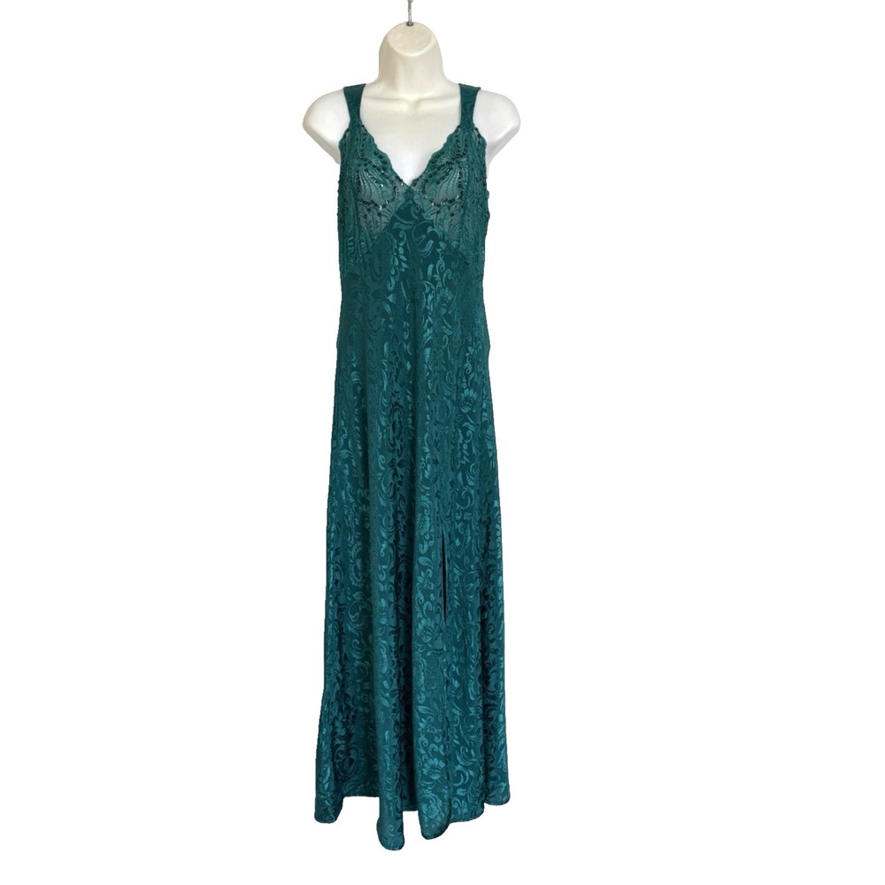 Vtg Victoria's Secret Gold Label Long Satin Lace Slip Dress Nightgown L Green